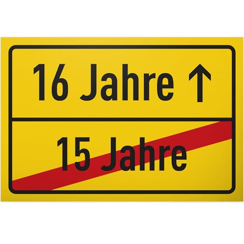DankeDir! Sechzehn - Geburtstagsschild - 30 x 20 cm, Gelb, Kunststoff, Wandmontage, Rechteckig, Feierlich, Gag Geschenk, Partydeko, Geschenkidee für Jungen & Mädchen zum 16. Geburtstag von DankeDir!