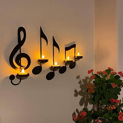 Kerzenhalter Wand Music, 4er-Set Dekorativer Kerzenleuchter Musiknoten Deko Vintage, Kerzenhalter Satz Schwarz Metall Kerzenständer, Music Note Wandleuchte, Art Musical Note Home Decor von Dankek