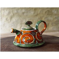 Handgefertigte Keramik Teekanne - Orange Grün Rad Geworfen Teekessel Einzigartiges Hochzeitsgeschenk Danko Glänzende Oberfläche Zwei Größen von DankoHandmade