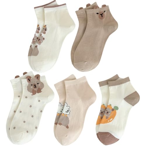 5 Paar Cartoon Capybara Socken Capybara Muster Knöchelsocken Sommer Atmungsaktive Baumwollsocken Weiche Freizeitsocken Für Damen von Danlai