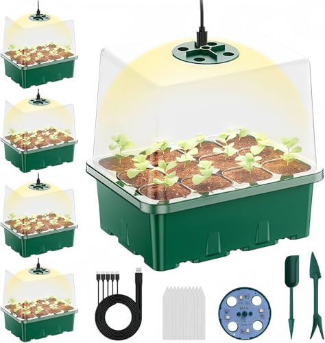 Danolt 5 Stücke Anzuchtschalen Setzling Starter Tabletts mit 120 Zellen, LED-Beleuchtung und Belüftung, für Indoor-Gebrauch, Grün, Eine Größe, Kunststoff, Keimlingschale von Danolt