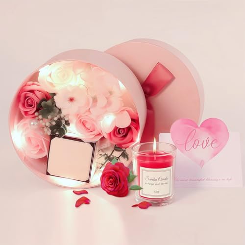 Danolt Künstliche Blütenblatt Seife Blume Geschenk-Box mit Rose Duftende Kerze und LED-Lichterkette Mama Lehrer Freund Kollege von Danolt