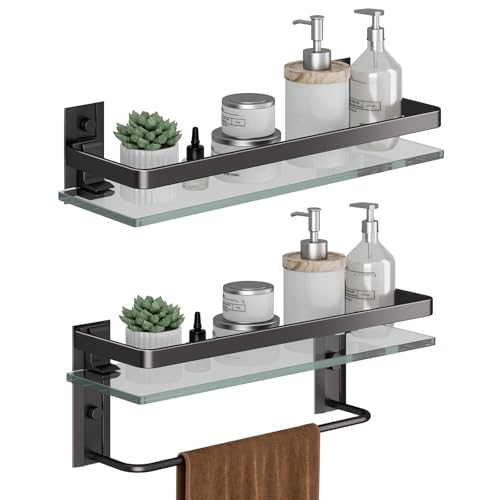 Danpoo Badezimmer-Regal zur Wandmontage, gehärtetes Glas, Badezimmerregal mit Handtuchstange (2 Ebenen, mattschwarz) von Danpoo