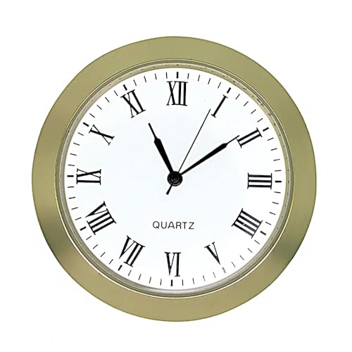 Runde Metall-Quarz-Uhrwerk-Einsatz, Miniatur-Gold mit schwarzen römischen Ziffern, weißes Zifferblatt, batteriebetrieben (35 mm Einsatz – 32,5 mm Loch) von Dans Clock Shop