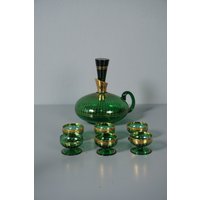 Vintage Art Deco Likörset Smaragdgrün Liqueur Set Dekanter Mit Likörgläsern von DanskandMore