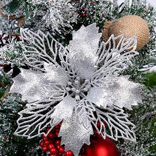 Dantazz 5PC Glitter Weihnachtsblumen Deko Künstliche Weihnachten Blumen Ornament Weihnachtsdeko Simulation Weihnachtsstern Baumschmuck Weihnachtsschmuck Weihnachtsbaum Dekoration (Silber, 10cm) von Dantazz