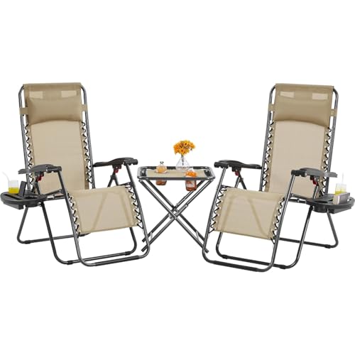 DaoWhisper 3PCS Zero Gravity Recliner Portable Outdoor Reclining Chair Set w/Side Table Folding Chaise Lounge Chairs for Patio Beach Deck Garden Pool von DaoWhisper