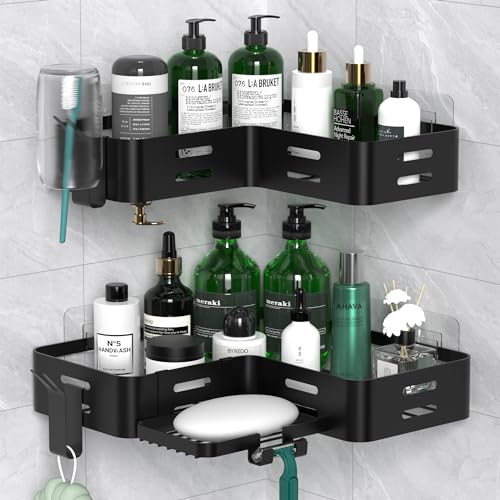 Daoun Eck-Duschablage, Duschregal ohne Bohren, Badezimmer-Aufbewahrung mit Rasierer-Halter für Dusche und 2 Haken, Dusch-Organizer (Schwarz) von Daoun