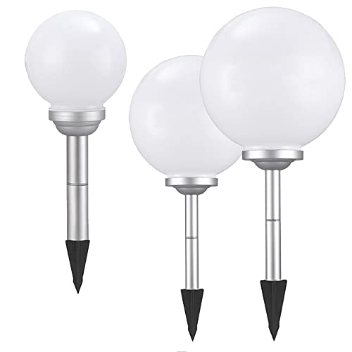 3x LED-Solar-Kugel-Leuchte OLA Drm. 20+25+30 cm mit Erdspieß, Kunststoff weiß IP44, Garten-Boden-Wege-Rasen-Dekorations-Lampe von Dapo