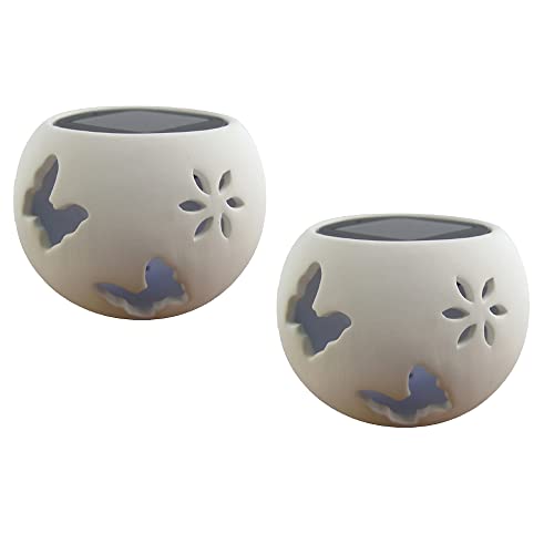 2 x LED-Solar-Windlicht Schmetterling/Blume Keramik weiß Tisch, Balkon, Terrasse von Dapo