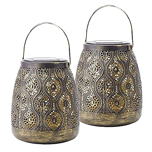 2X LED-Solar-Garten-Tisch-Leuchte-Laterne-Windlicht Farid Dekorations-Party-Stimmungs-Leuchte-Lampe Metall H:15-22cm D:12,5cm, IP44 (Altmessing - 2er Set) von Dapo