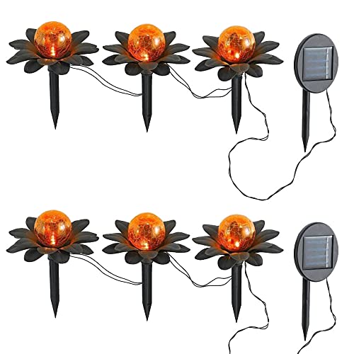 2x 3-LED-Solar-Garten-Außen-Leuchte-Lampe-Spieß FLORA, H: 19,8cm, Metall-Blume rostfarbig D: 14,4cm, Glas-Kugel Bersteinfarbig D: 8cm, Kabel 2 M, Abstand zwischen Blumen 50cm, IP44 (2 x 3er Set) von Dapo
