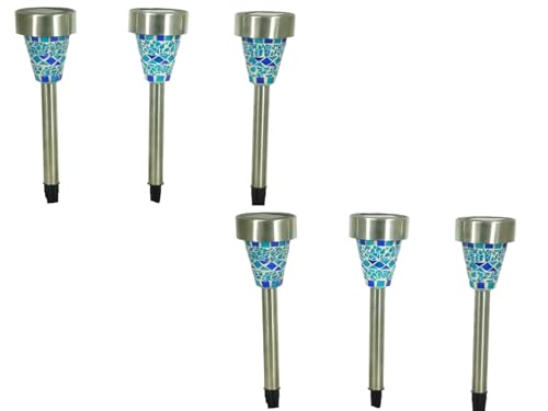 2x 3er Set MOSAIK LED-Solar-Garten-Leuchte-Lampe, Edelstahl, Mosaik-Glas blau, H: 37 cm, D: 7,2cm, Blumentopf-Wege-Party-Dekorations-Stimmungs-Leuchte-Lampe (2 x 3er Set Blau) von Dapo