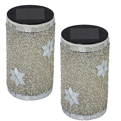 2x LED-Außen-Solar-Garten-Tisch-Leuchte-Windlicht PERLA Mosaikglas silber/weiss, D: 8,5cm, H: 15cm, IP44, Dekorations-Party-Stimmungs-Boden-Leuchte-Lampe von Dapo