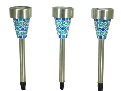 3 x MOSAIK LED-Solar-Garten-Leuchte-Lampe, Edelstahl, Mosaik-Glas blau, H: 37 cm, D: 7,2cm, Blumentopf-Wege-Party-Dekorations-Stimmungs-Leuchte-Lampe (Blau) von Dapo