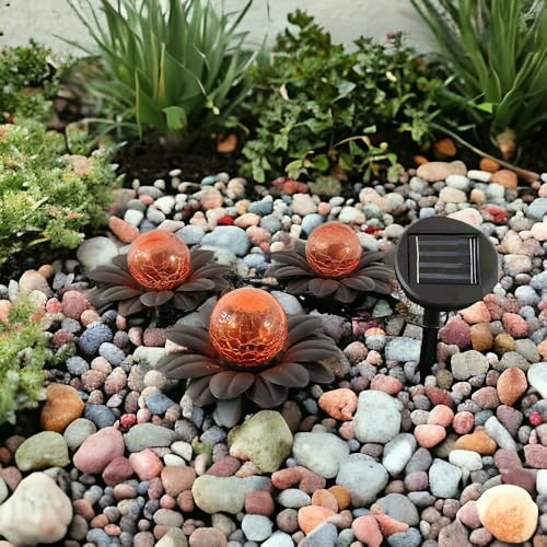 3x Solar-Garten-Außen-Leuchte FLORA mit Spieß, H: 19,8cm, Metall-Blume rostfarbig D: 14,4cm, Glas-Kugel Bersteinfarbig D: 8cm; Kabel 2 M, Abstand zwischen Blumen 50cm, IP44 (1 x 3er Set) von Dapo