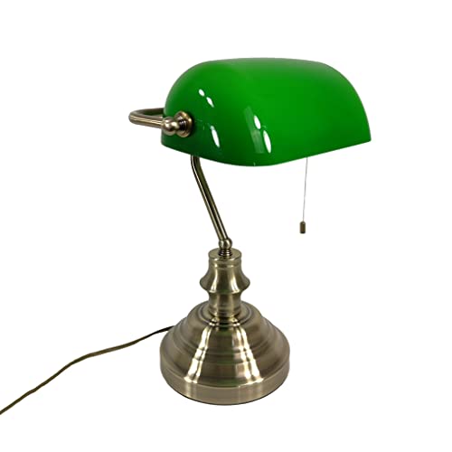Bankerslampe Schreibtischleuchte mit Zugschalter Fassung E27 Bürolampe altmessing Schirm grün Arbeits-Nachttisch-Tisch-Lampe-Leuchte Nostalgielampe von Dapo