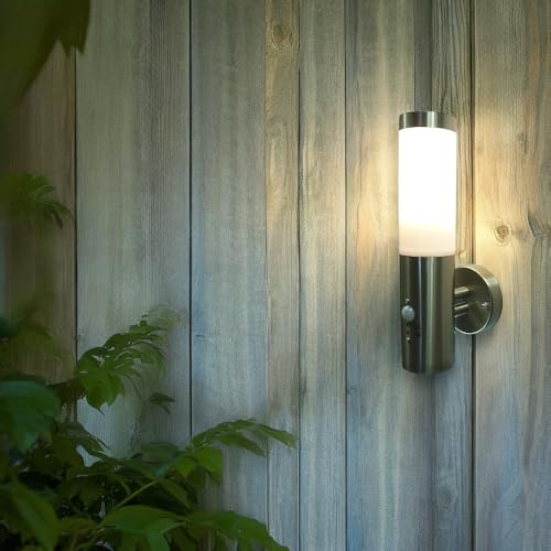Dapo Moderne Außen-Wandleuchte MONTANA mit Bewegunsmelder Fassung E27 Edelstahl+Kunststoffglas Wand-Treppen-Balkon-Terrassenbeleuchtung (1 Stück) von Dapo