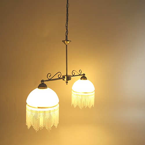 Dapo WEIDE LED-Landhaus-Decken-Pendel-Leuchte-Lampe 2 flammig messing-antik Glasschirm mit Perlenbehang inkl. LED 2x E27 à 6W Wohn-Esszimmer-Leuchte-Lampe von Dapo