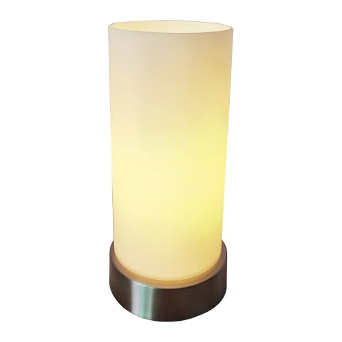 Glas-Tisch-Leuchte-Lampe MATS Metall Nickel, Opal-Glas weiß, H: 24,5cm D: 10,5 cm, E14, Nachttisch-Fensterbank-Fernseh-Kommode-Leuchte-Lampe (Zylinderform Mats) von Dapo