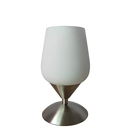 Glas-Tisch-Leuchte-Lampe MIKO, Metall nickel, Opal-Glas weiß, E14, H: 20 cm Fuß D: 12cm, Nachttisch-Fensterbank-Fernseher-Kommode-Leuchte-Lampe (Kelchform Miko) von Dapo