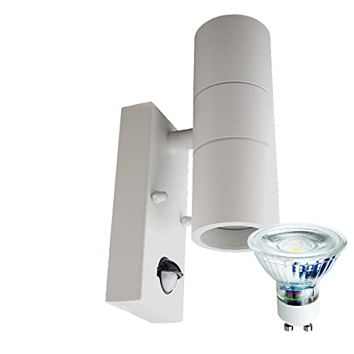 Hochwertige moderne Edelstahl-Außen-Wand-Leuchte-Lampe Bornholm 2W mit Sensor und Bewegungsmelder, Up-/Down-Light, weiß, inkl. LED-GU10 x 2 à 7W, IP44 (2-flammig LED) von Dapo