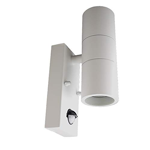 Dapo Hochwertige moderne Edelstahl-Außen-Wand-Leuchte-Lampe Bornholm 2W mit Sensor und Bewegungsmelder, weiß, up and down, Fassung GU10 x 2 à max. 35W (nicht inkl.) IP44 (2-flammig) von Dapo