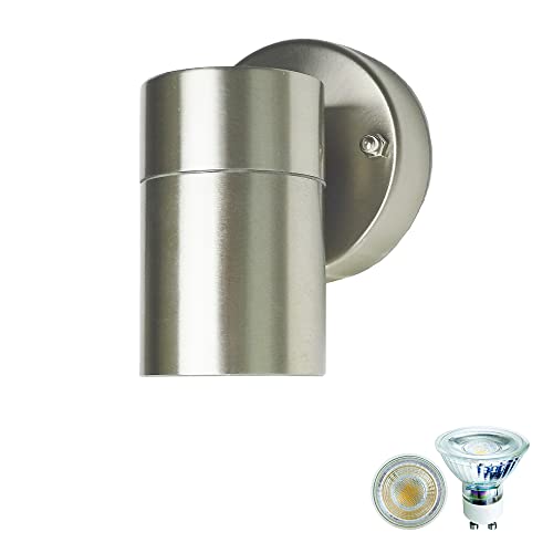 Dapo 2 x hochwertige Edelstahl-LED-Außen-Wand-Leuchte-Lampe BORNHOLM, 1-flammig Unterlicht, IP44, inkl. GU10 LED 2 x 7W, Eingangs-Balkon-Terrasse-Treppen-Leuchte-Lampe-Strahler-Spot von Dapo