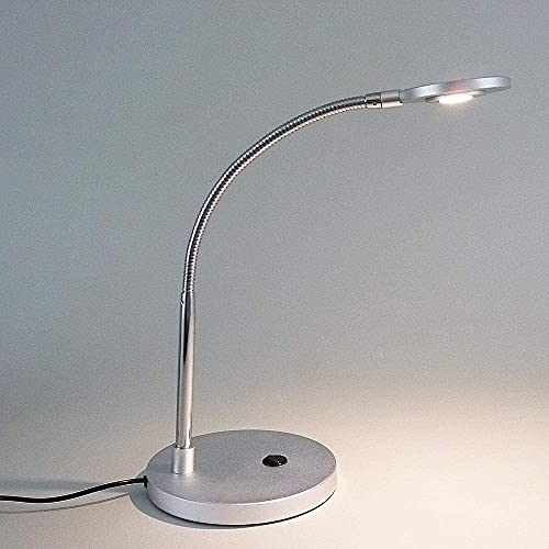 LED-Tisch-Schreibtisch-Leuchte-Lampe TILL, Kunststoff silber H: 46 cm, Kopf D: 9 cm, Fuß D: 15 cm, inkl. LED 3W festeingebaut, Büro-Nachttisch-Arbeits-Kommode-Leuchte-Lampe von Dapo