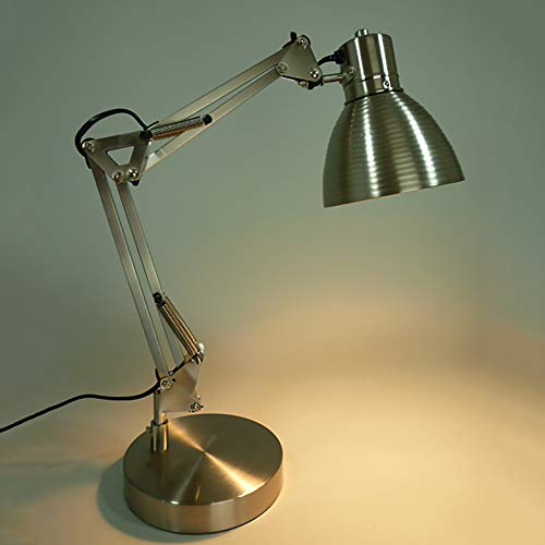 Retro Schreibtisch-Leuchte-Lampe LUCAS nickel, verstellbar an drei Gelenken H: max. 52 cm, Fuß D: 15,5cm, Fassung E27 max. 60 W, Studenten-Tisch-Nachttisch-Arbeits-Büro-Leuchte-Lampe von Dapo