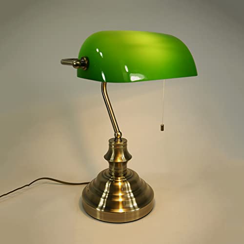 Tischleuchte Bankerslamp mit Zugschalter E27 (Höhe ca 37,5cm) Banker-Lampe Schreibtischleuchte antik messing Schirm grün Arbeits-Nachttisch-Tischlampe-Leuchte antik retro Nostalgie von Dapo