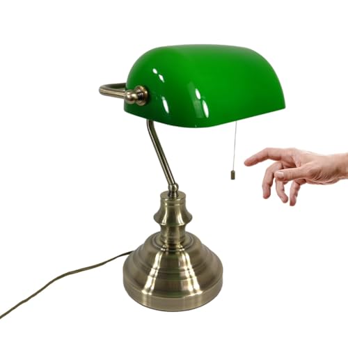 Dapo Tischleuchte Bankerslamp mit Zugschalter E27 (Höhe ca 37,5cm) Bankerlampe grün Schreibtischleuchte antik messing Schirm grün Arbeits-Nachttisch-Tischlampe-Leuchte antik retro Nostalgie von Dapo