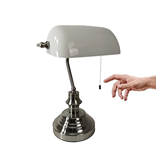 Tischleuchte Bankerslamp mit Zugschalter Fassung E27 Bankerlampe Schreibtisch-Arbeits-Nachtisch-Leuchte-Lampe Tischlampe Nostalgielampe (nickel-weiß) von Dapo