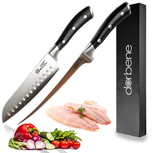 DarBene C-Series 2teilig Profi Küchenmesser aus deutschem Edelstahl, Filetiermesser 18cm, Santoku Messer 19cm extrem scharfe Klinge, ergonomischer ABS Griff, nachschleifbar von DarBene