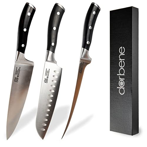 DarBene C-Series 3teilig Profi Küchenmesser aus deutschem Edelstahl, Filetiermesser 18cm, Chefmesser 20cm, Santoku Messer 18cm, extrem scharfe Klinge, ergonomischer ABS Griff, nachschleifbar von DarBene