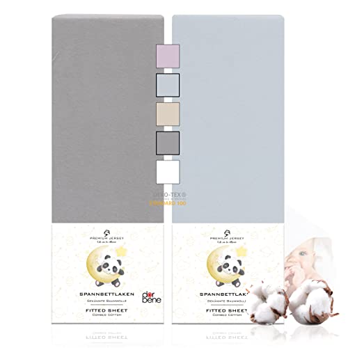 DarBene Kinder Spannbettlaken 70x140 Premium 2er Set Grau-Mix, Jersey 100% gekämmte Premium Baumwolle, atmungsaktiv, superweiches Bettlaken, Oeko-TEX, Grau & Flieder hell von DarBene