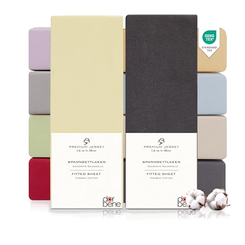 DarBene Spannbettlaken 140x200 Premium 2er Set Color-Mix, Jersey 100% gekämmte Premium Baumwolle, Blickdicht, superweiches Bettlaken bis 30 cm Matratzenhöhe, Oeko-TEX, Anthrazit & Elfenbein von DarBene