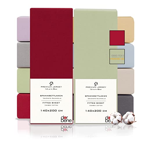 DarBene Spannbettlaken 140x200 Premium 2er Set Color-Mix, Jersey 100% gekämmte Premium Baumwolle, Blickdicht, superweiches Bettlaken bis 30 cm Matratzenhöhe, Oeko-TEX, Apfelgrün & Rot von DarBene