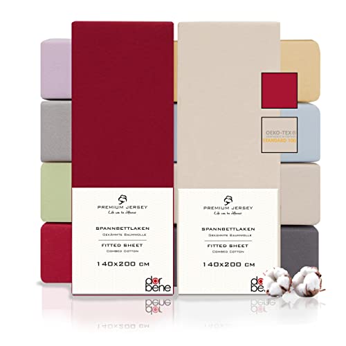 DarBene Spannbettlaken 140x200 Premium 2er Set Color-Mix, Jersey 100% gekämmte Premium Baumwolle, Blickdicht, superweiches Bettlaken bis 30 cm Matratzenhöhe, Oeko-TEX, Elfenbein & Rot von DarBene