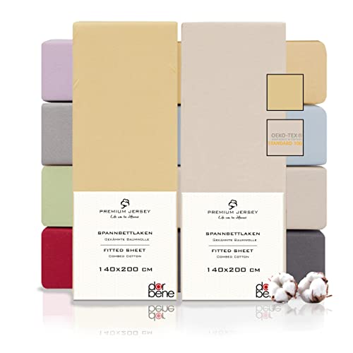 DarBene Spannbettlaken 140x200 Premium 2er Set Color-Mix, Jersey 100% gekämmte Premium Baumwolle, Blickdicht, superweiches Bettlaken bis 30 cm Matratzenhöhe, Oeko-TEX, Elfenbein & Sand von DarBene