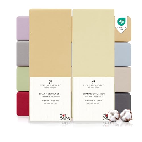 DarBene Spannbettlaken 140x200 Premium 2er Set Color-Mix, Jersey 100% gekämmte Premium Baumwolle, Blickdicht, superweiches Bettlaken bis 30 cm Matratzenhöhe, Oeko-TEX, Elfenbein & Sand von DarBene