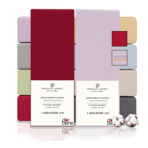 DarBene Spannbettlaken 140x200 Premium 2er Set Color-Mix, Jersey 100% gekämmte Premium Baumwolle, Blickdicht, superweiches Bettlaken bis 30 cm Matratzenhöhe, Oeko-TEX, Flieder hell & Rot von DarBene