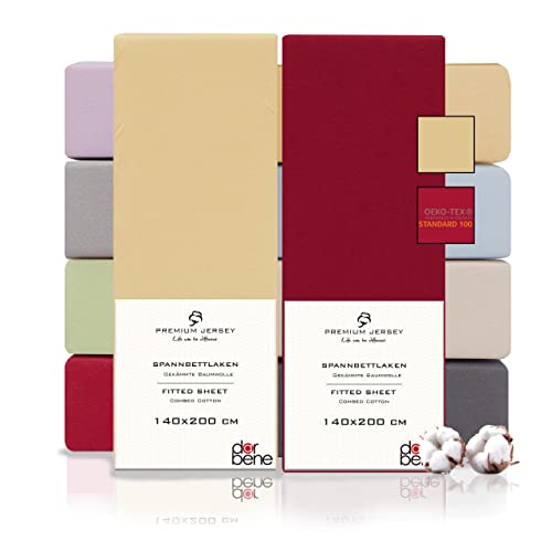 DarBene Spannbettlaken 140x200 Premium 2er Set Color-Mix, Jersey 100% gekämmte Premium Baumwolle, Blickdicht, superweiches Bettlaken bis 30 cm Matratzenhöhe, Oeko-TEX, Rot & Sand von DarBene