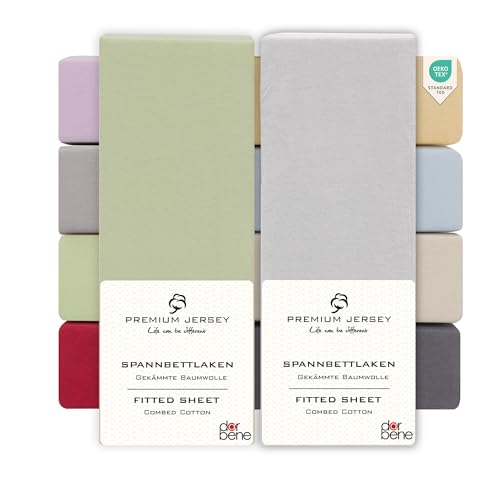 DarBene Spannbettlaken 140x200 Premium 2er Set Grau-Mix, Jersey 100% gekämmte Premium Baumwolle, Blickdicht, superweiches Bettlaken bis 30 cm Matratzenhöhe, Oeko-TEX, Apfelgrün & Hellgrau von DarBene