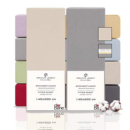 DarBene Spannbettlaken 140x200 Premium 2er Set Grau-Mix, Jersey 100% gekämmte Premium Baumwolle, Blickdicht, superweiches Bettlaken bis 30 cm Matratzenhöhe, Oeko-TEX, Elfenbein & Hellgrau von DarBene