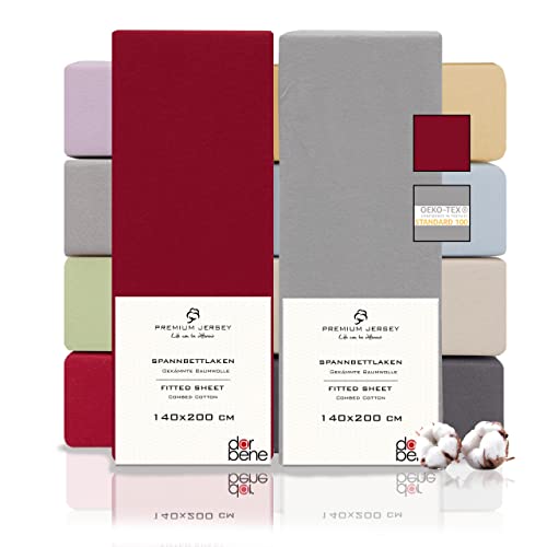 DarBene Spannbettlaken 140x200 Premium 2er Set Grau-Mix, Jersey 100% gekämmte Premium Baumwolle, Blickdicht, superweiches Bettlaken bis 30 cm Matratzenhöhe, Oeko-TEX, Rot & Hellgrau von DarBene