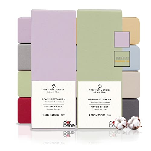 DarBene Spannbettlaken 180x200 Premium 2er Set Color-Mix, Jersey 100% gekämmte Premium Baumwolle, atmungsaktiv, superweiches Bettlaken bis 30 cm Matratzenhöhe, Oeko-TEX, Apfelgrün & Flieder hell von DarBene