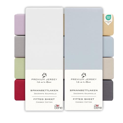 DarBene Spannbettlaken 180x200 Premium 2er Set Weiß-Mix, Jersey 100% gekämmte Premium Baumwolle, atmungsaktiv, superweiches Bettlaken bis 30 cm Matratzenhöhe, Oeko-TEX, Weiß & Hellblau von DarBene
