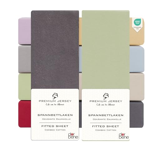 DarBene Spannbettlaken 90x200 Premium 2er Set Color-Mix, Jersey 100% gekämmte Premium Baumwolle, atmungsaktiv, superweiches Bettlaken bis 30 cm Matratzenhöhe, Oeko-TEX, Anthrazit & Apfelgrün von DarBene