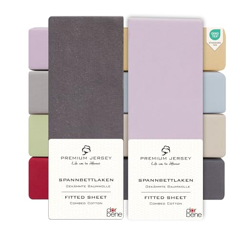 DarBene Spannbettlaken 90x200 Premium 2er Set Color-Mix, Jersey 100% gekämmte Premium Baumwolle, atmungsaktiv, superweiches Bettlaken bis 30 cm Matratzenhöhe, Oeko-TEX, Anthrazit & Flieder hell von DarBene
